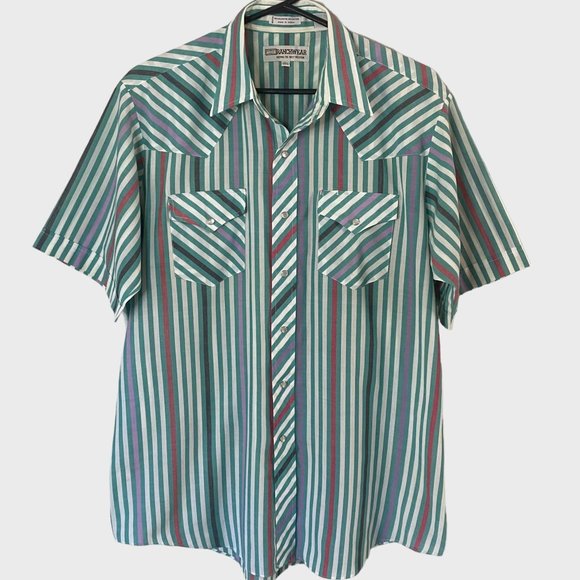 Vintage Ranchwear Western Pearl Snap Shirt Mens 16 1/2 Green Stripe Short Sleeve - Picture 1 of 12